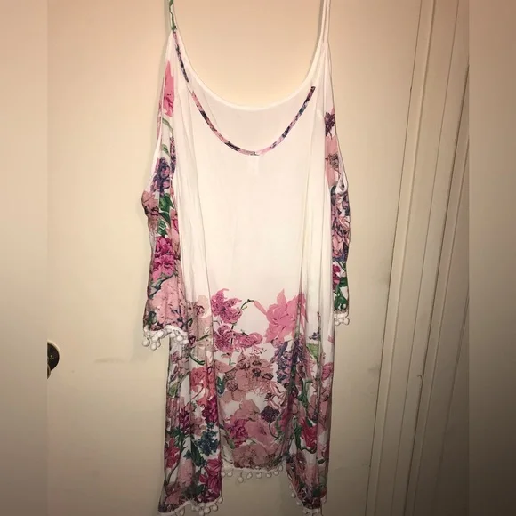 White Floral Cold-Shoulder Plus Size Top with Pom Trim - Picture 1 of 4